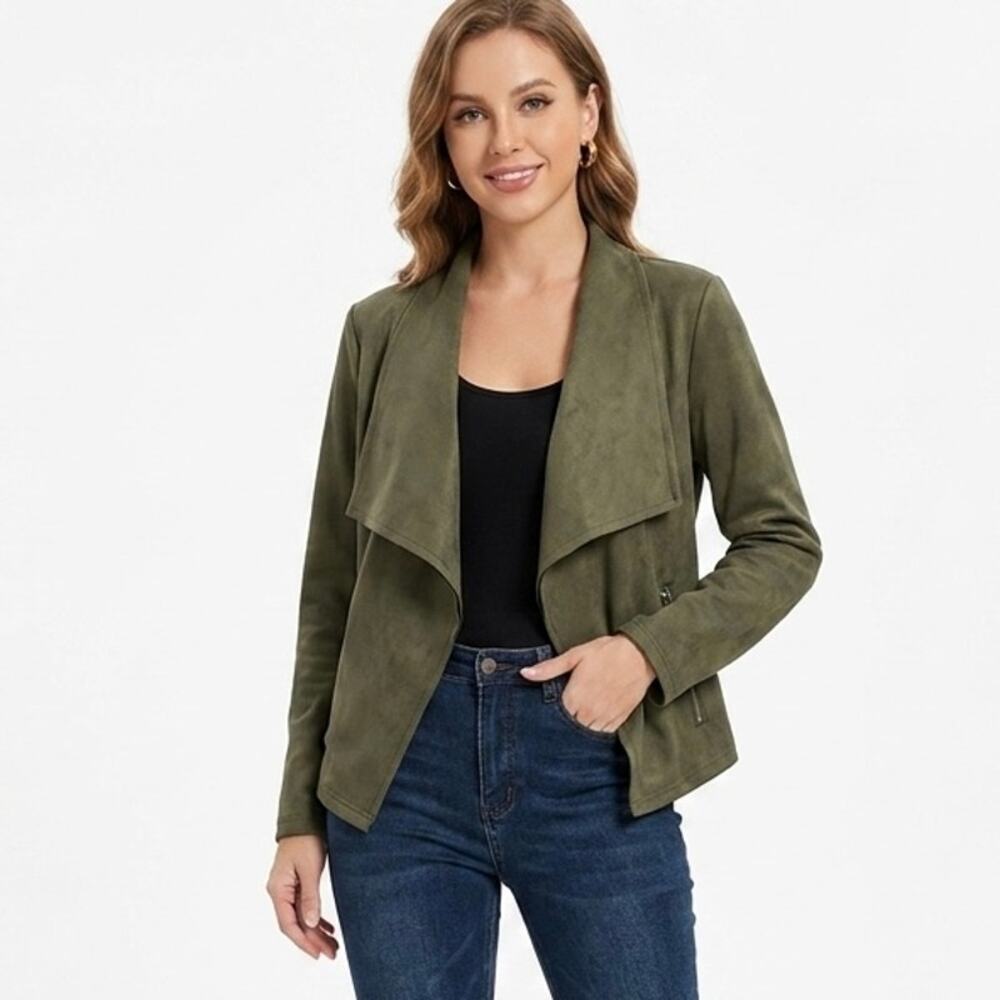 BTFBM Women’s Open Front Moto Jacket Size S Army Green Faux Suede Zipper Pockets